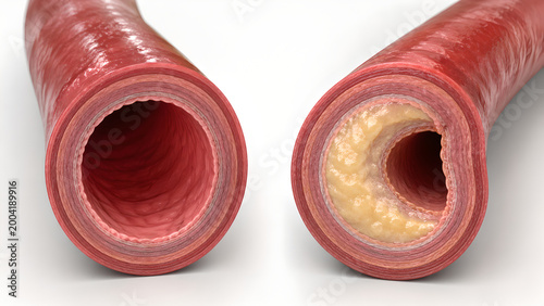 Artery cutaway, advanced atherosclerotic plaque, severe plausible luminal narrowing, fibrous plaque, subtle calcification, narrow residual flow channel, realistic vessel wall textures