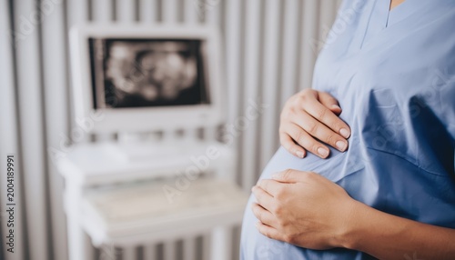 A pregnant woman in medical scrubs holds her belly gently, with an ultrasound image visible in the background.