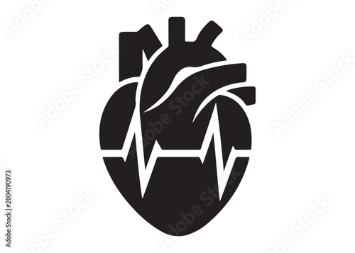 human heart with pulse logo silhouette vector, anatomical human heart with pulse logo silhouette vector illustration,healthy heart logo, medical heart pulse logo silhouette design on white background