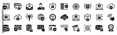 Cyber protection solid icons set. Representing data security, encryption, authentication, network defense, secure access, privacy control, and digital safety systems.