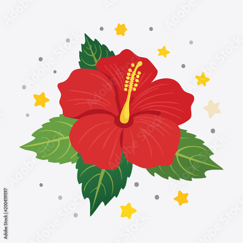Red Hibiscus Flower Illustration with Stars and Dots