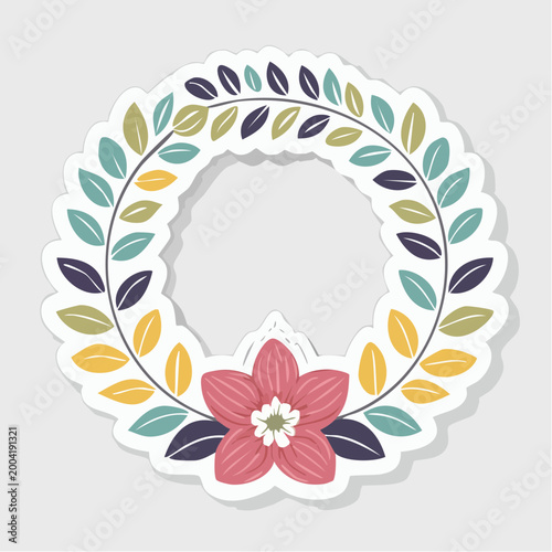 Floral Wreath with Pink Flower and Colorful Leaves