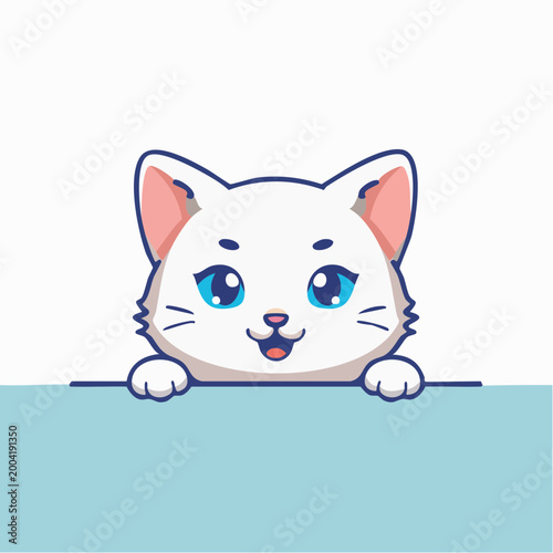 Cute White Cat Peeking Over a Blue Surface