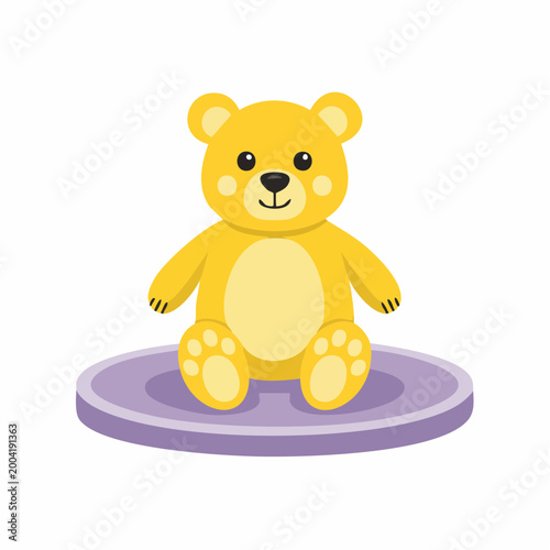 Cute Yellow Teddy Bear Sitting on a Purple Mat