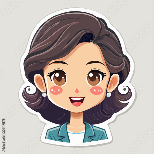 Cute Cartoon Woman with Brown Hair and Blue Blazer