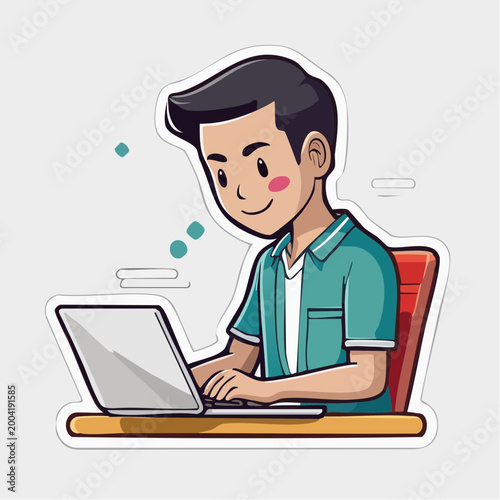 Young man working on a laptop with a smile