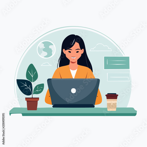 Woman working on laptop with coffee and plant