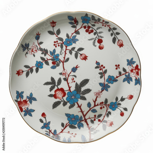 Decorative ceramic plate with intricate floral pattern in red and blue on a white background