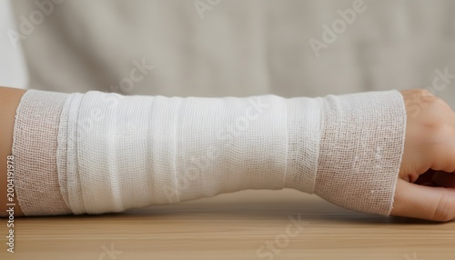 A woman with her arm wrapped in gauze resting on a table, illustrating a medical treatment and recovery for injury concept in a clinical setting