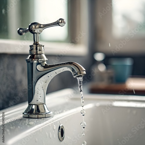 Leaking Water Tap Close-Up – Water Conservation and Household Plumbing Concept