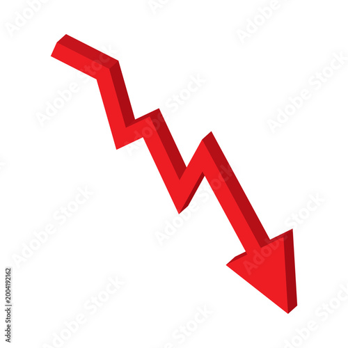 3D Isometric Red Downward Arrow Chart Vector Illustration, Business Loss and Financial Crisis Recession Concept Icon, Downward Trend Stock Market Crash Symbol Isolated on White Background