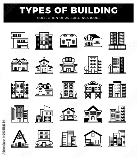 building icons in simple black and white vector graphics.