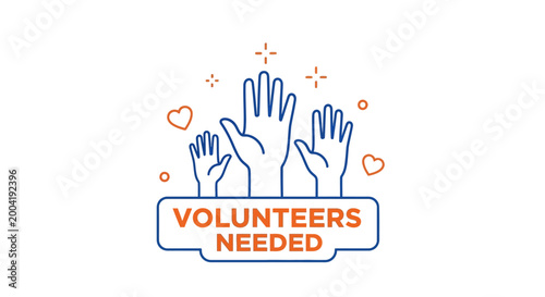 Vector line art icon of multiple raised hands and 'Volunteers Needed' banner, symbolizing community engagement, support, and a call to action for social participation and collective goodwill