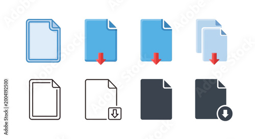 Modern graphic icon set for digital documents and file download actions, presented in a clean, flat, outlined, and dark aesthetic for versatile user interface designs