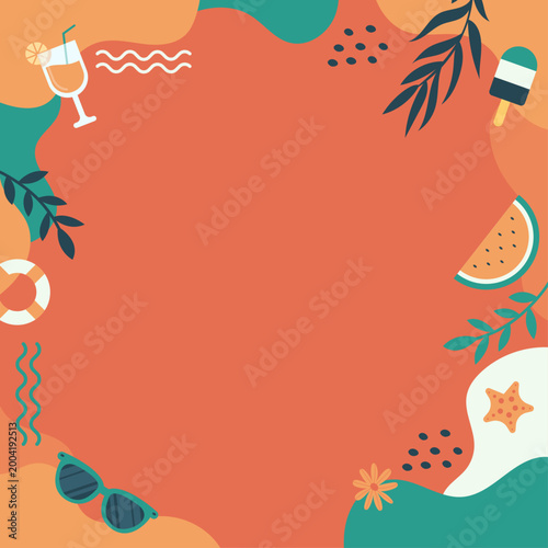 Fond estival coloré avec éléments de plage et cadre décoratif. Idéal pour réseaux sociaux, affiches, invitations et visuels créatifs autour de l’été. Design minimaliste, frais et moderne , vecteur 