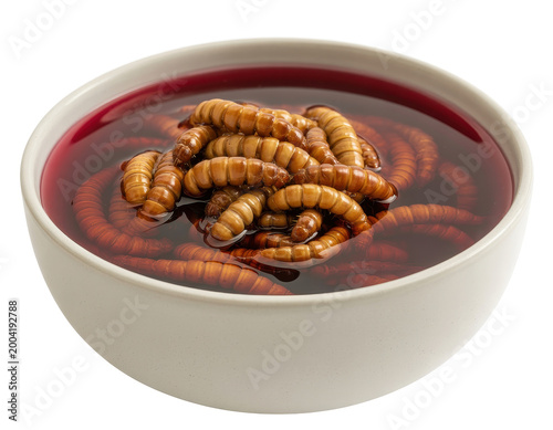 Edible mealworm larvae soaked in a red liquid inside a white ceramic bowl on white background