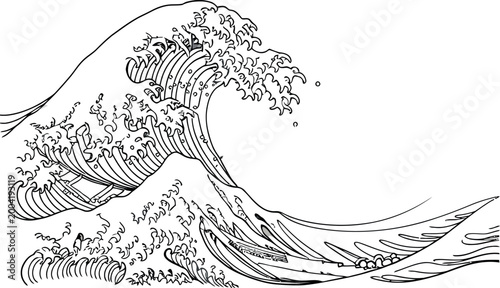 Quadro su tela Hokusai The Great Wave Off Kanagawa Outline Art - Classic Japanese Ukiyo-e Line