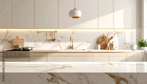 Elegant Kitchen Interior with Marble Textures and Hanging Pendant Light