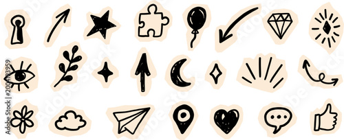 Hand drawn doodle icon set with arrows, stars, eye, heart, speech bubble and symbols in trendy sketch style. Perfect for social media, branding, stickers, and creative design projects