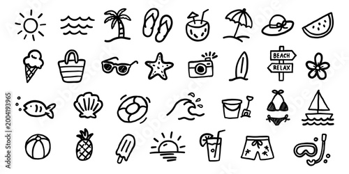 Hand drawn summer doodle icon set with beach elements like sun, palm, waves, sunglasses, ice cream and surfboard. Perfect for vacation design, travel, social media and branding