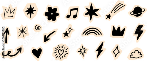 Hand drawn doodle icon set with stars, arrows, hearts, rainbow, lightning and abstract symbols in trendy sketch style. Ideal for social media, branding, stickers and creative design use