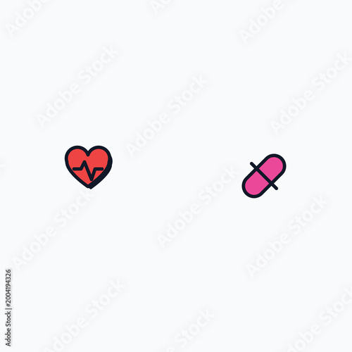 Heart pulse and pink pill icons for cardiovascular health monitoring and medical treatment symbols illustration