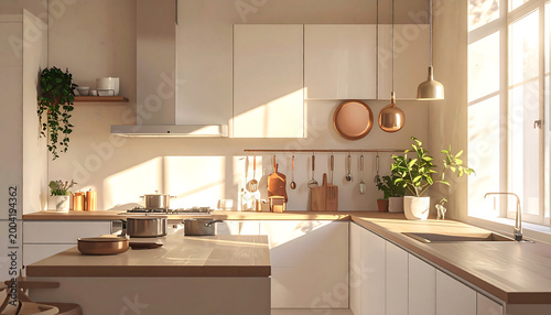 L-Shaped Aesthetic Kitchen with Hanging Plants and Soft Morning Light