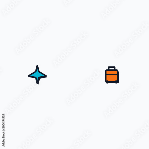 Minimalist travel icons set featuring a blue compass star and an orange luggage suitcase graphic