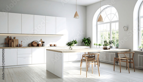 Spacious Contemporary Kitchen Design with Marble Island and Garden View
