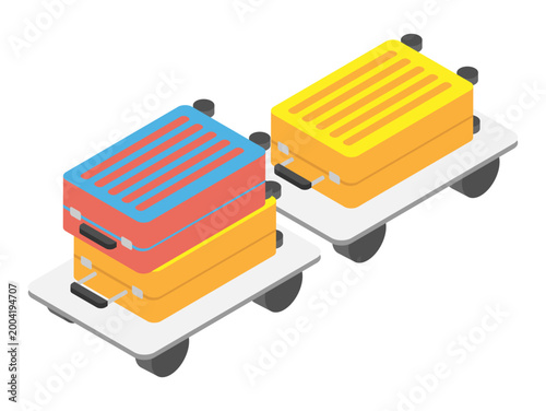 Isometric brightly colored plastic luggage cases are loaded onto a trolley for transportation, awaiting loading. 3D cartoon vector isolated on white background