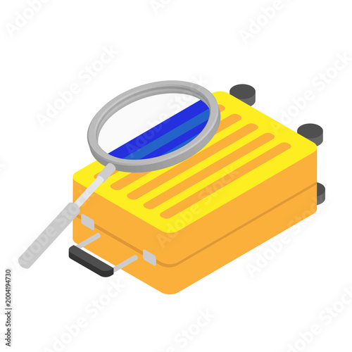 Isometric customs inspector uses a magnifying glass to inspect a tourist luggage for prohibited items and substances for carriage on an airplane. 3D cartoon vector isolated on white background