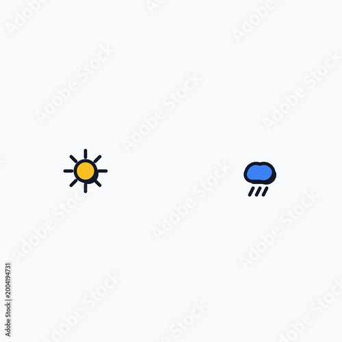 Minimalist weather icons set featuring a bright yellow sun and a blue raining cloud illustration.
