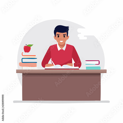 Student Studying at Desk with Books and Apple