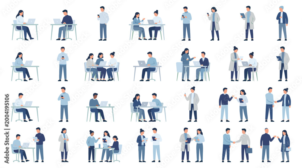 Fototapeta premium A collection of diverse business professionals engaged in various collaborative and individual work activities within an office setting.