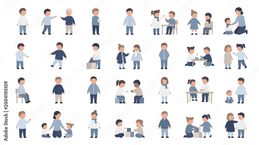 Fototapeta premium A diverse collection of children engaged in various activities, showcasing education, play, and social interaction in a bright, modern setting.
