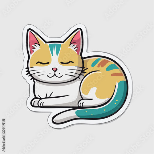 Cute cartoon cat sticker with closed eyes