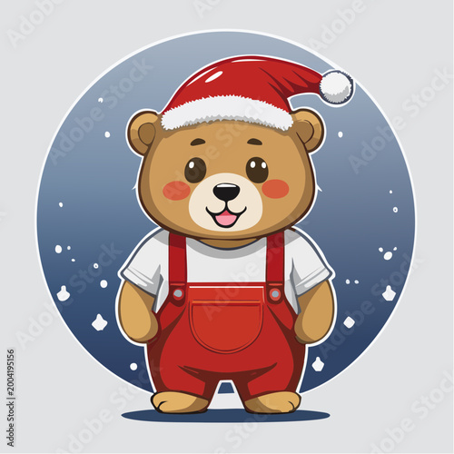 Cute cartoon teddy bear wearing a Santa hat and red overalls