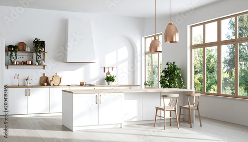 Contemporary White Kitchen with Kitchen Island and Large Floor-to-Ceiling Windows