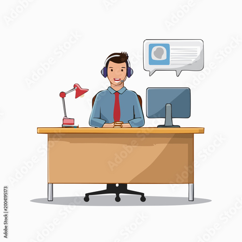 Customer Service Representative with Headset at Desk