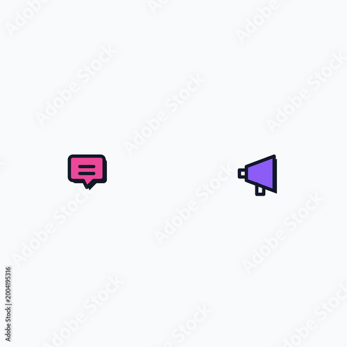 Minimalist digital communication icons featuring pink speech bubble and purple megaphone on plain white background illustration
