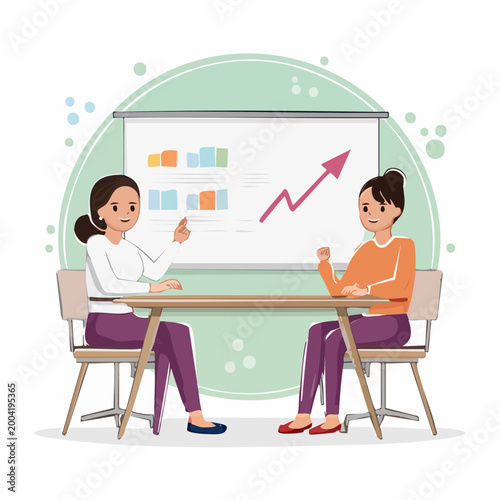 Two women discussing a business growth chart on a whiteboard