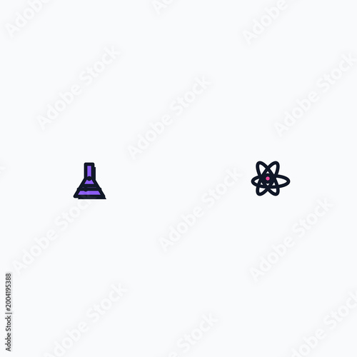 Minimalist chemistry lab flask and atomic structure symbols representing scientific research and physics experiments illustration