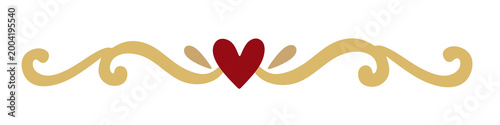 Elegant Swirls and Heart Ornament Decorative Element with Golden Flourish and Red Symbol