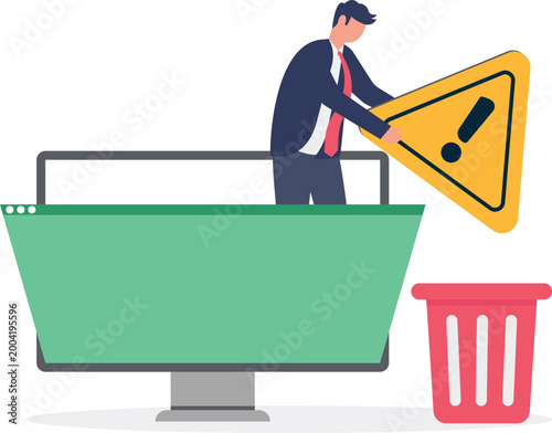 Professional throwing warning sign into trash bin