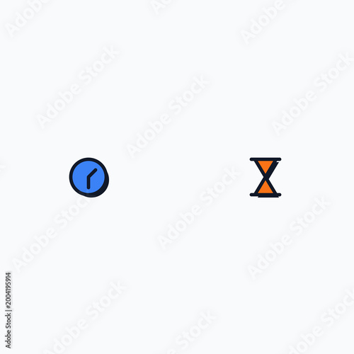 Minimalist hand drawn blue wall clock and orange sand hourglass icons for time management concepts