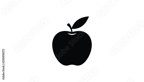 Black apple with leaf, solid silhouette fruit