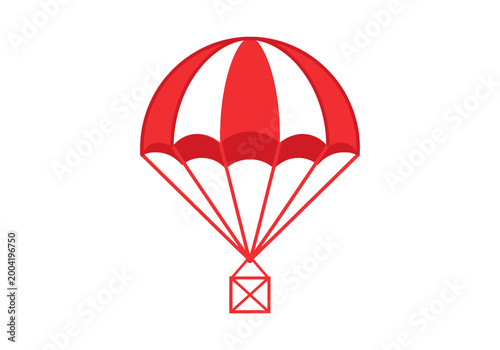 Red and white parachute delivering a package on white background