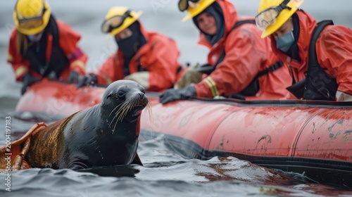 Group of marine rescue workers in orange waterproof suits assist a sea lion in the water, with inflatable boats visible in the background during a rescue operation