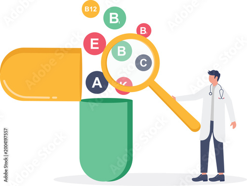 Scientist analyzing vitamin pill with magnifying glass