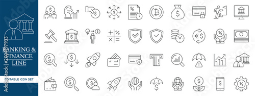 Photos Banking and Finance Line Icons Set, Fintech Money Payment Outline Vector Collect